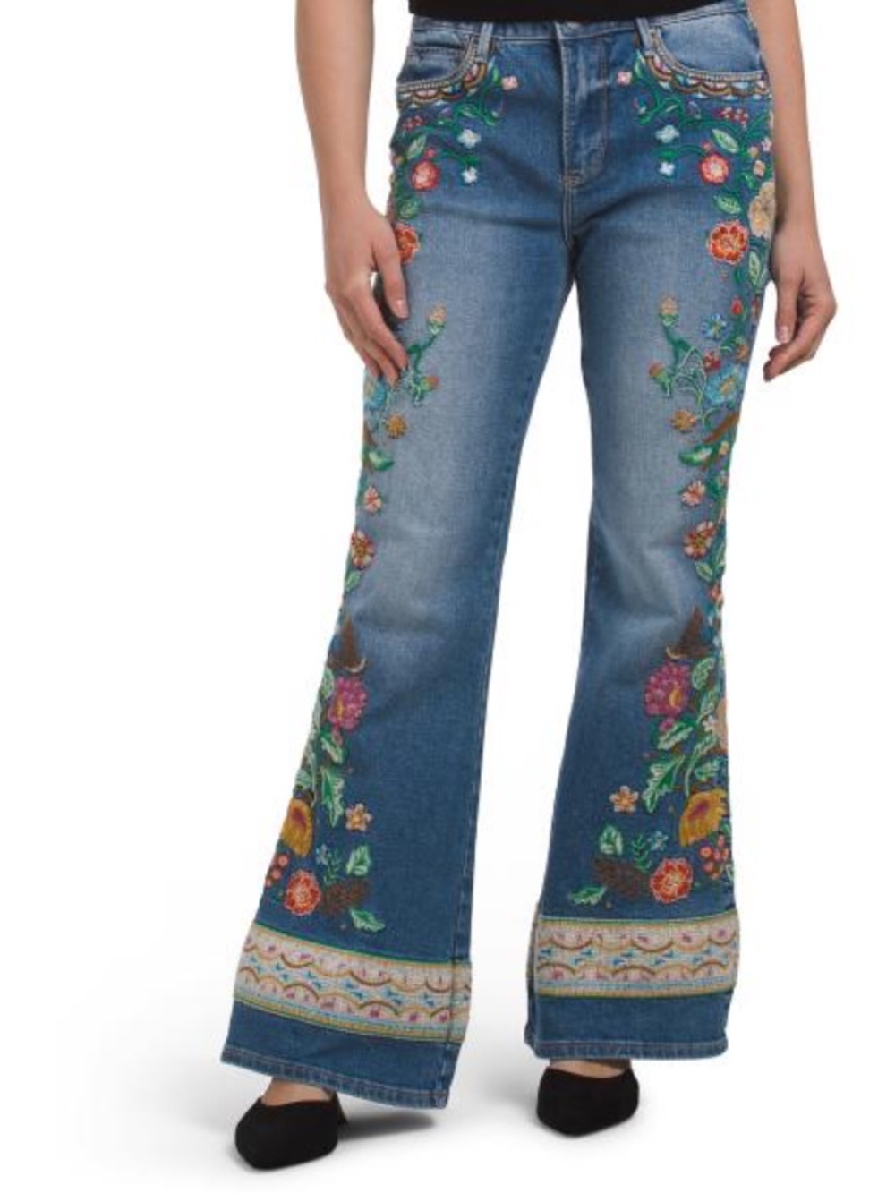 DRIFTWOOD JEANS Embroidered Floral Flare Jeans - Blue